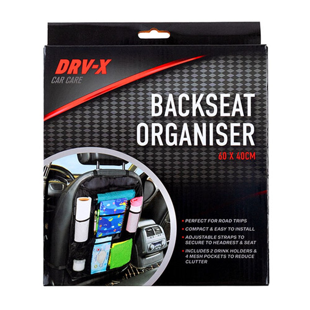 Car Backseat Organiser 60x40cm Drink Holder Mesh Pockets Adjustable Straps Black