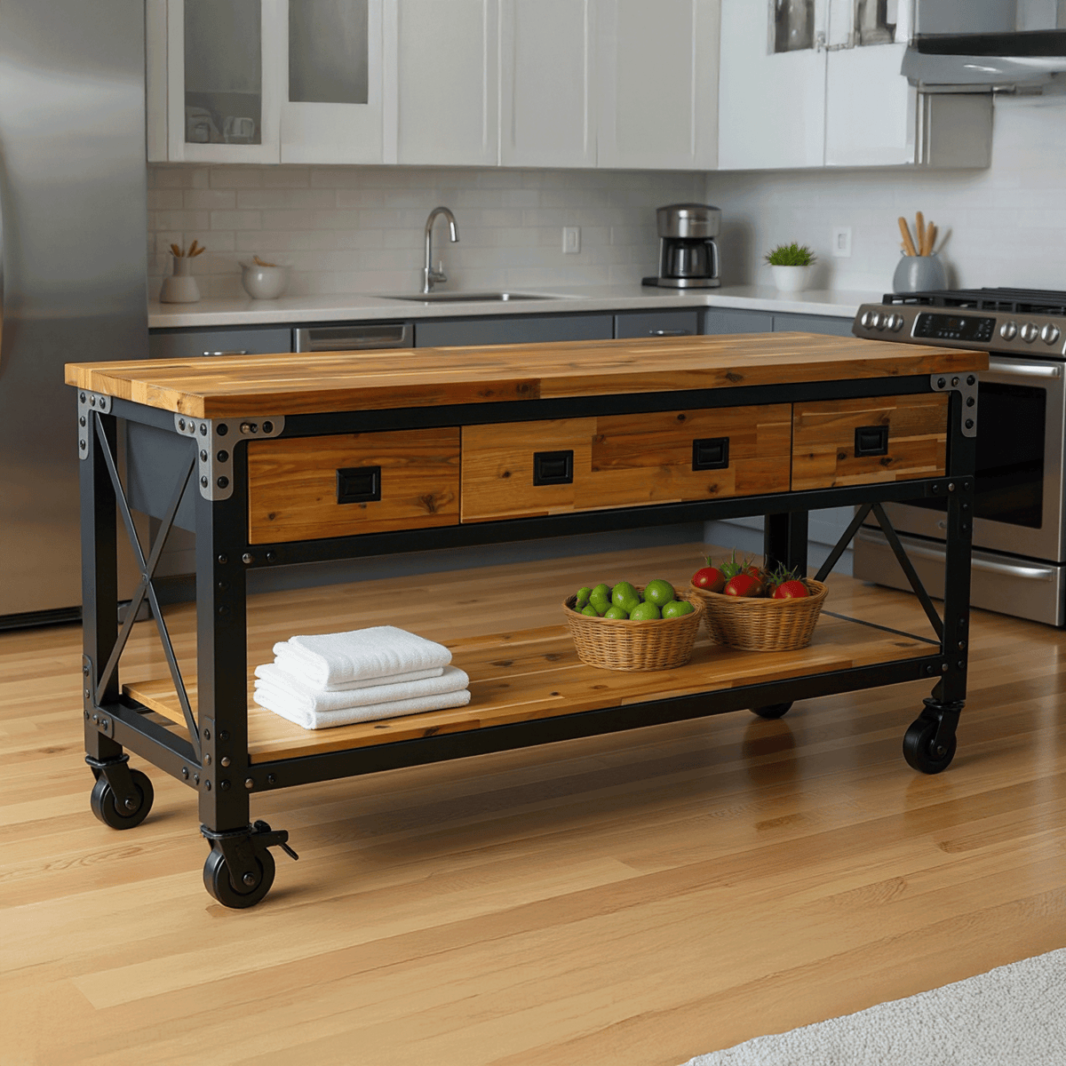 Duramax Darby 72" Industrial Metal & Wood Kitchen Island Desk with Drawers
