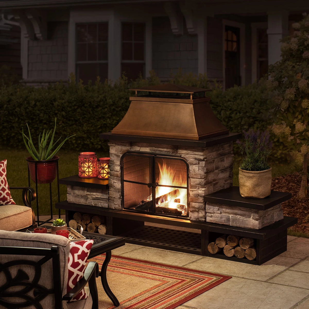 48-Inch Outdoor Wood-Burning Steel Fireplace with Stone Finish, Fire Poker, and Removable Grate