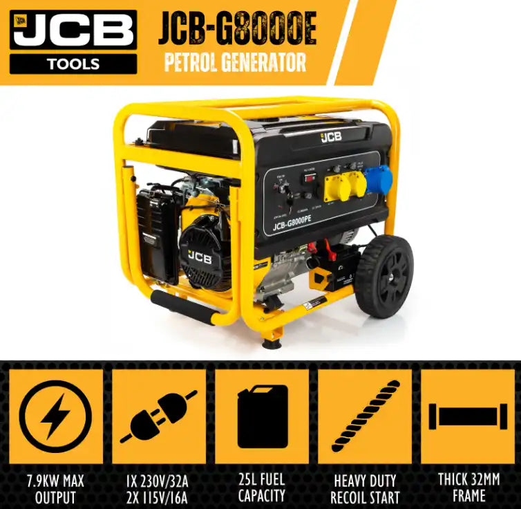 JCB 7.9kW / 9.8kVA Petrol Site Generator, 115V / 230V 15hp 457cc JCB Engine, Recoil & Electric Start | JCB-G8000PE