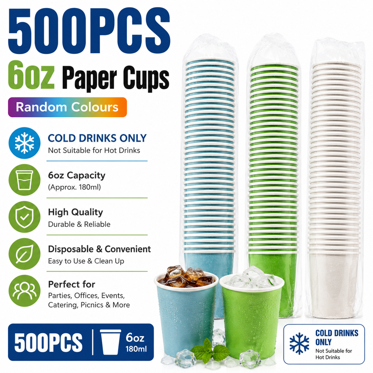 500PCS 6oz Disposable Paper Cups Assorted Colours Cold Drink Party Catering Cups