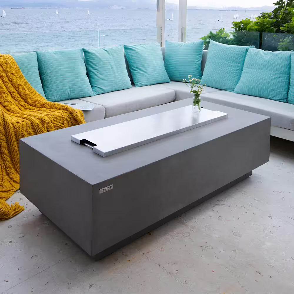 Granville 60-Inch Rectangular Concrete Propane Fire Table with Lava Rocks and Cover