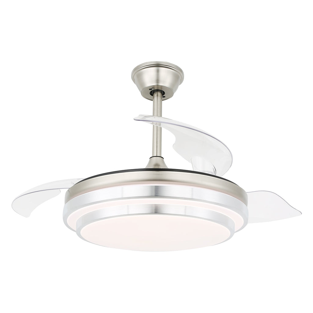 42 Inch Chrome Modern Retractable Ceiling Fan with Dimmable LED Light and Remote, 6 Speeds DC Motor Reversible Fandelier Ceiling Fan