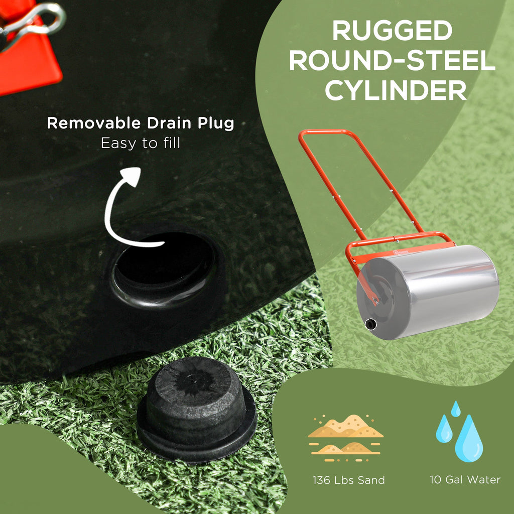 20" Heavy Duty Lawn Roller, Filled with 11 Gal Water/136 Lbs Sand, Red