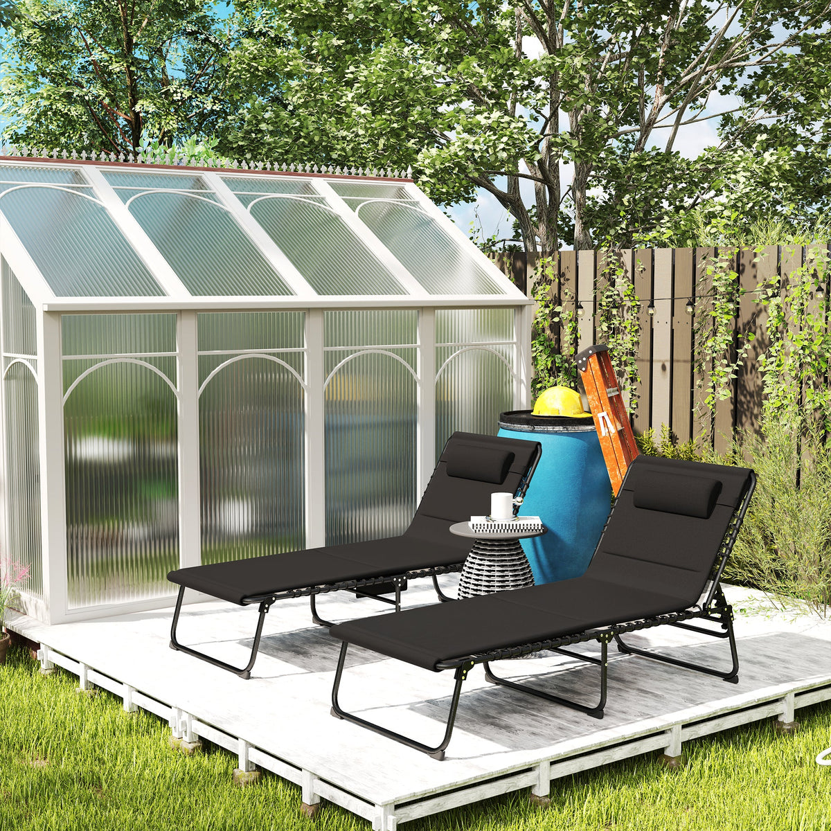 Set of 2 Folding Sun Loungers with Headrest & Side Pocket, Black