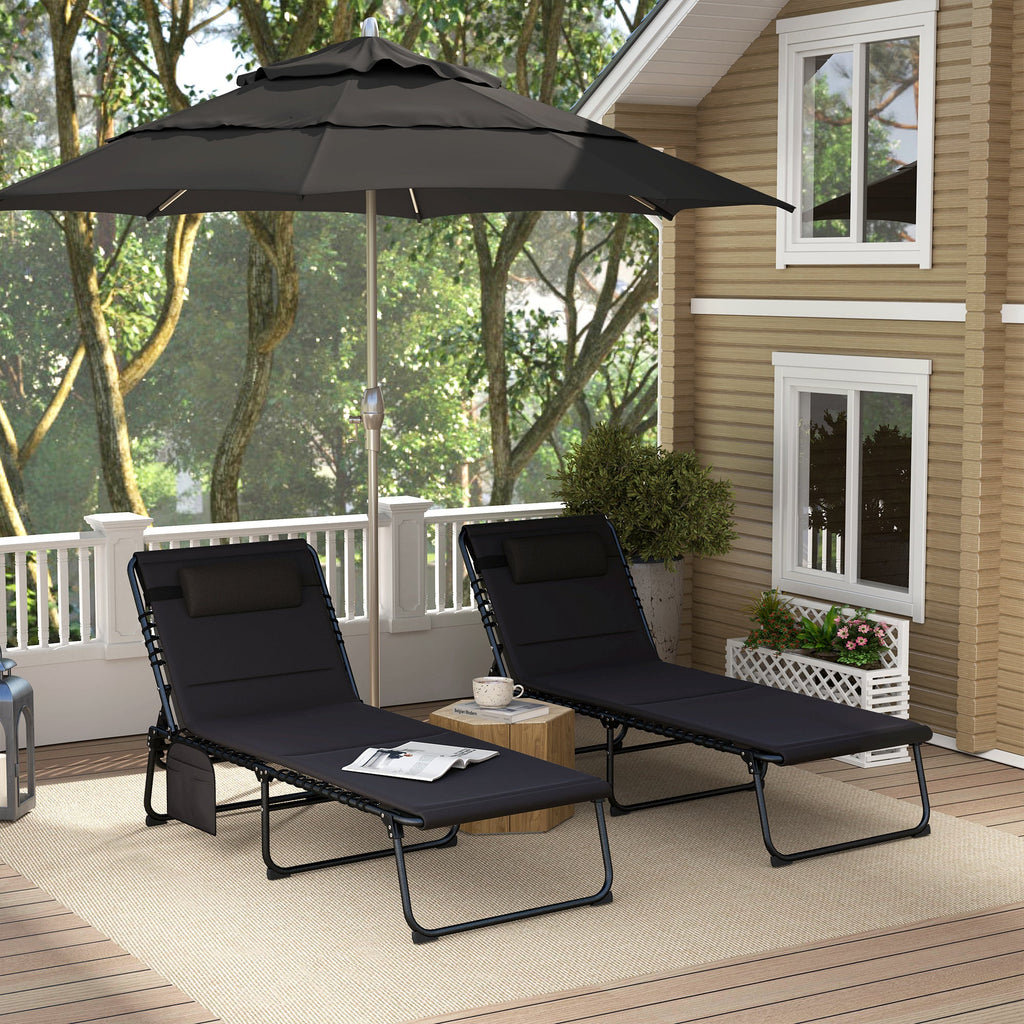 Set of 2 Folding Sun Loungers with Headrest & Side Pocket, Black