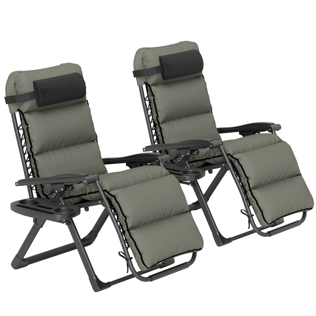 Reclining Folding Outdoor Lounge Chairs with Cushion, Headrest & Side Tray, Gray