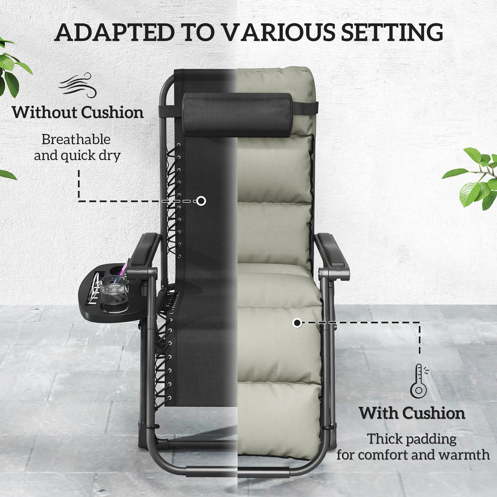 Reclining Folding Outdoor Lounge Chairs with Cushion, Headrest & Side Tray, Gray