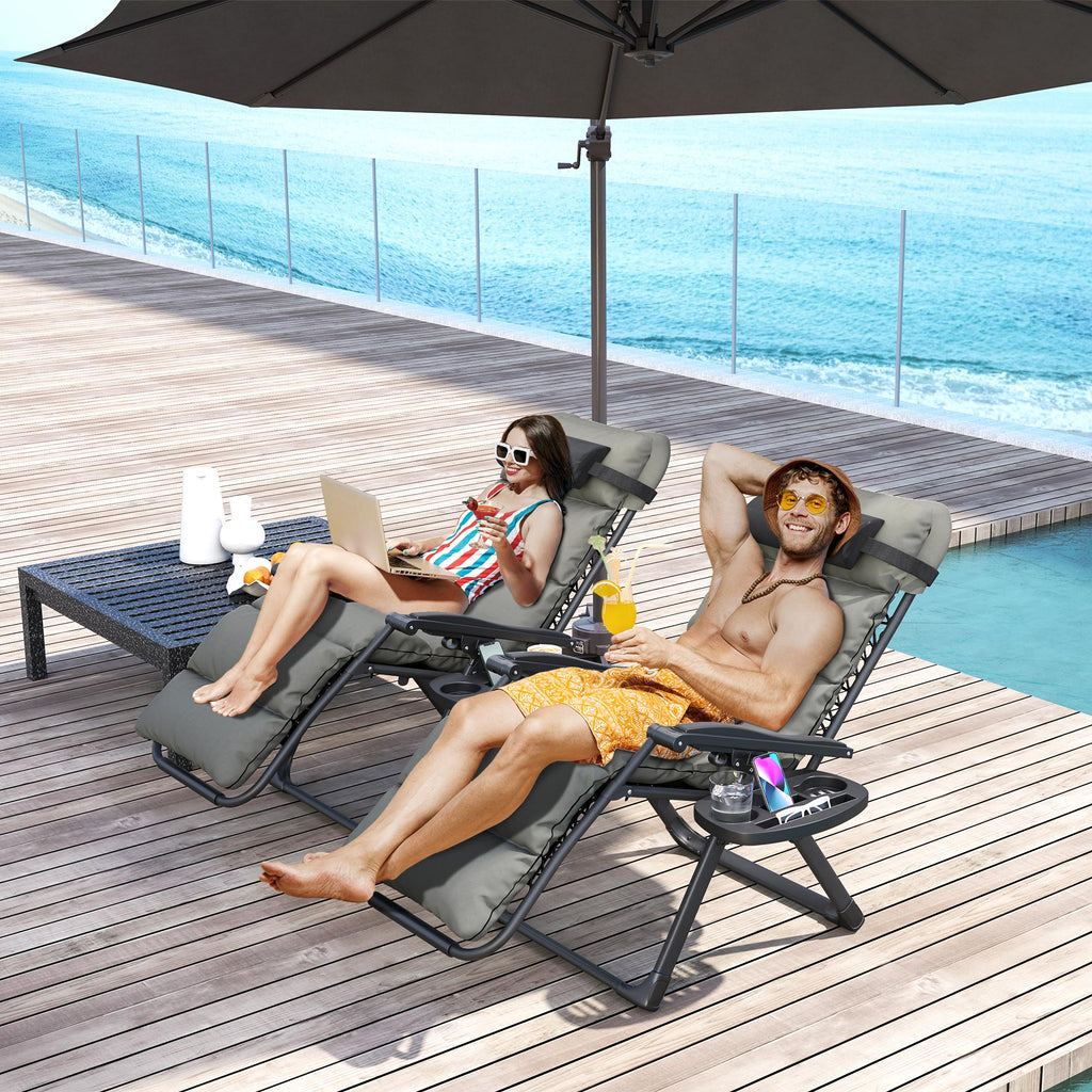 Reclining Folding Outdoor Lounge Chairs with Cushion, Headrest & Side Tray, Gray