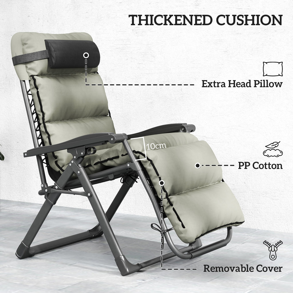 Reclining Folding Outdoor Lounge Chairs with Cushion, Headrest & Side Tray, Gray