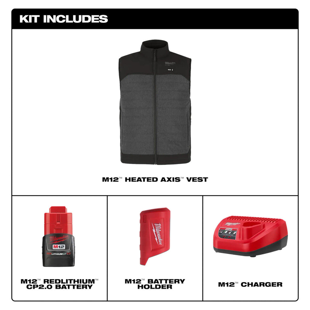 Open Box -  Men's X-Large M12 12-Volt Lithium-Ion Cordless Axis Gray Heated Quilted Vest Kit with One 2.0 Ah Battery and Charger