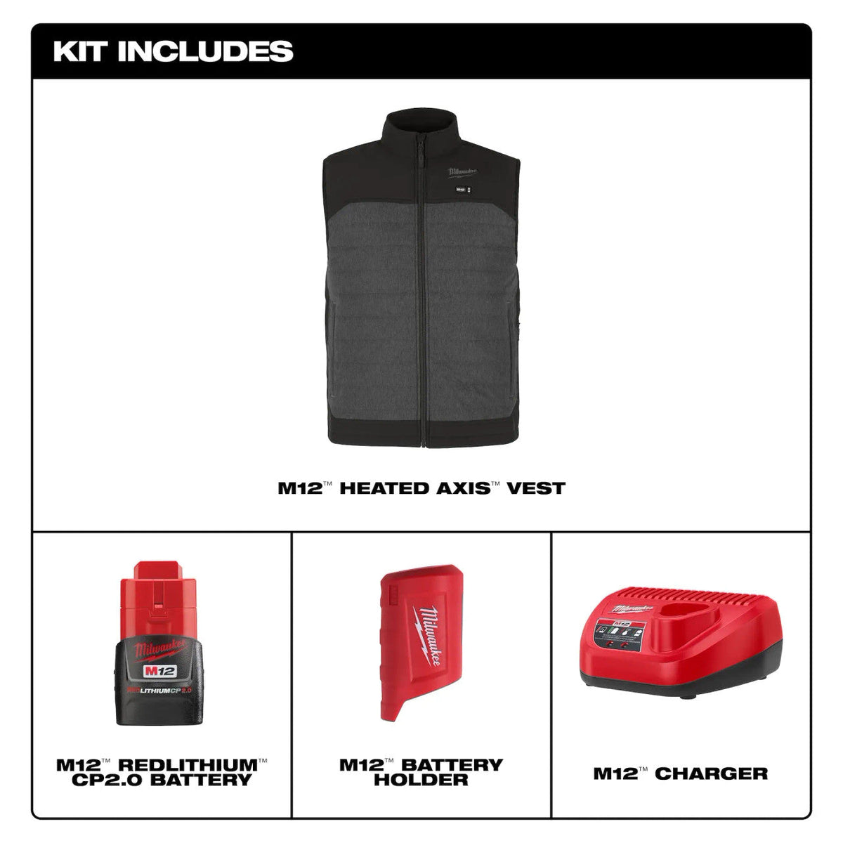 Open Box -  Men's X-Large M12 12-Volt Lithium-Ion Cordless Axis Gray Heated Quilted Vest Kit with One 2.0 Ah Battery and Charger