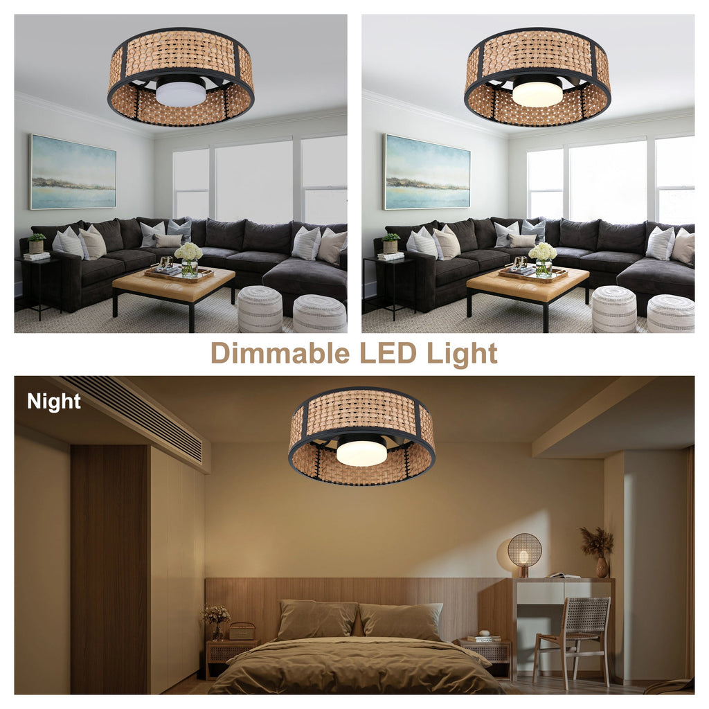 Bohemian 20 Inch Flush Mount Ceiling Fan with Light Caged Bamboo and Paper Rope Woven Shade Ceiling Fan with Ligth Dimmable LED and Reversible DC Motor Ceiling Fan Suit for Bedroom, Kitchen