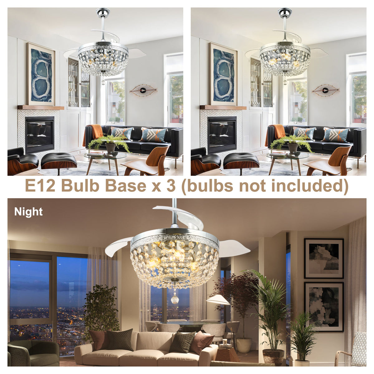 42 Inch Chrome Modern Glam Crystal Retractable Ceiling Fan with Lights and Remote Control, 6 Speeds DC Motor Fandelier Ceiling Fan