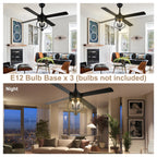 52 Inch Black Classic Ceiling Fan with Lights and Remote Control, 6 Speeds 4-Blade DC Motor Reversible Ceiling Fan for Living Room