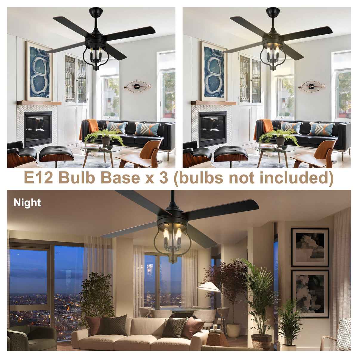 52 Inch Black Classic Ceiling Fan with Lights and Remote Control, 6 Speeds 4-Blade DC Motor Reversible Ceiling Fan for Living Room