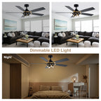 Industrial 52 Inch Gold/Black Caged Ceiling Fan with Light Quiet Reversible DC Motor with 6 Speed Remote Control Ceiling Fan 5 Blades Ceiling Fan Suit for Kitchen Bedroom Living Room