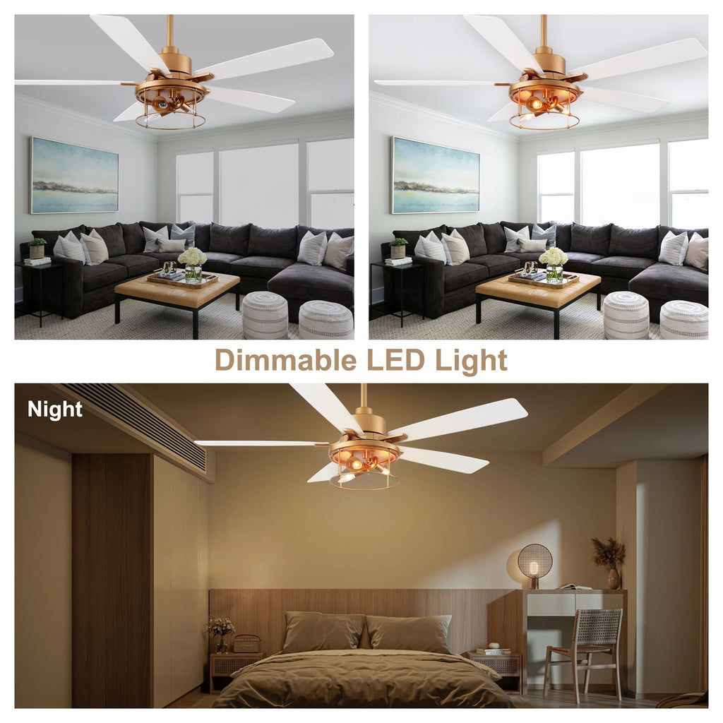 Industrial 52 Inch Gold/Black Caged Ceiling Fan with Light Quiet Reversible DC Motor with 6 Speed Remote Control Ceiling Fan 5 Blades Ceiling Fan Suit for Kitchen Bedroom Living Room