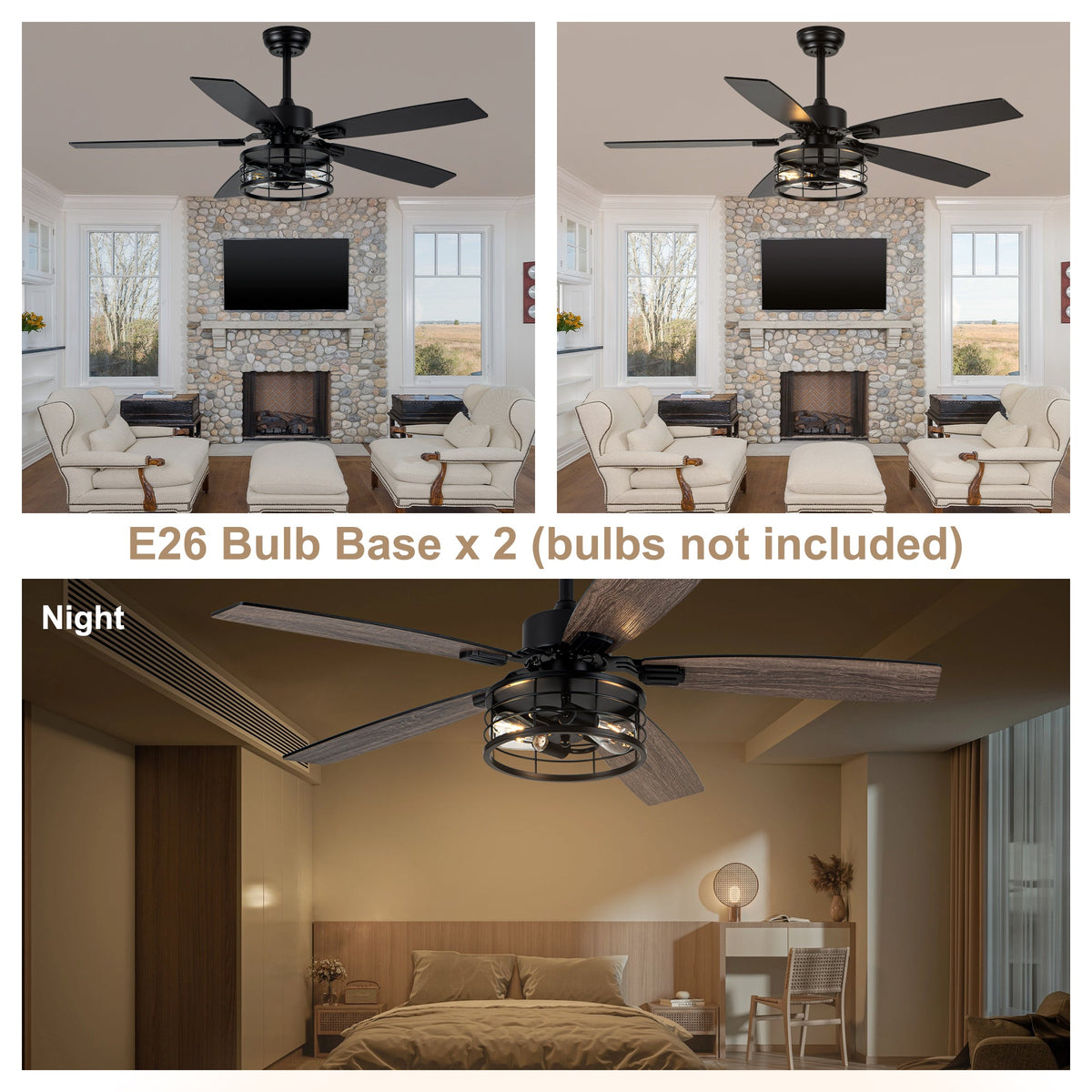 52 Inch Industrial Metal Caged Ceiling Fan with Lights and Remote Control, Silent DC Motor Fan for All Seasons