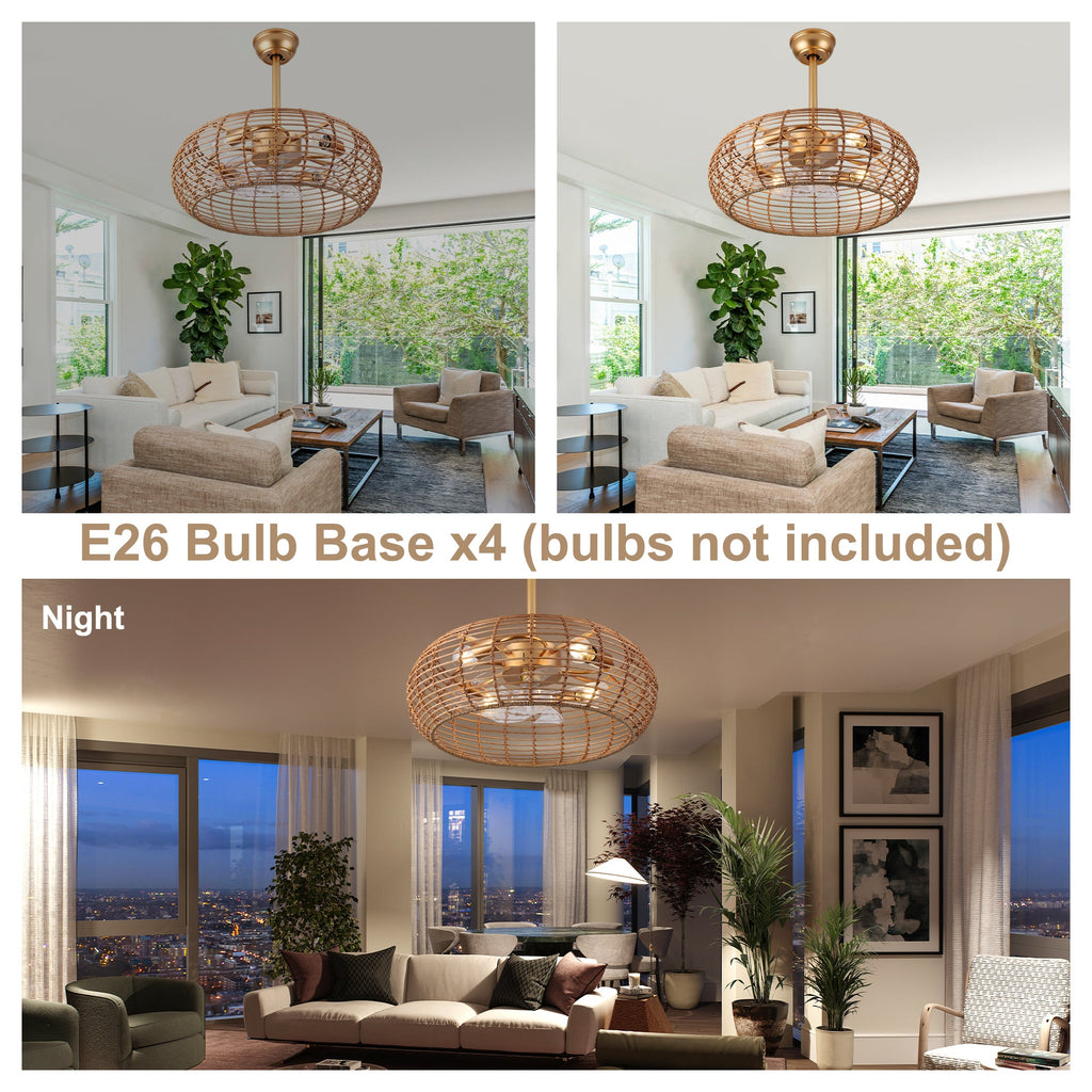 Bohemian 20 Inch Retractable Ceiling Fan with Light Quiet DC Motor Reversible 6-Speed Ceiling Fan with Light Retro 4-Light Ceiling Fan Suit for Living Room, Bedroom, Kitchen