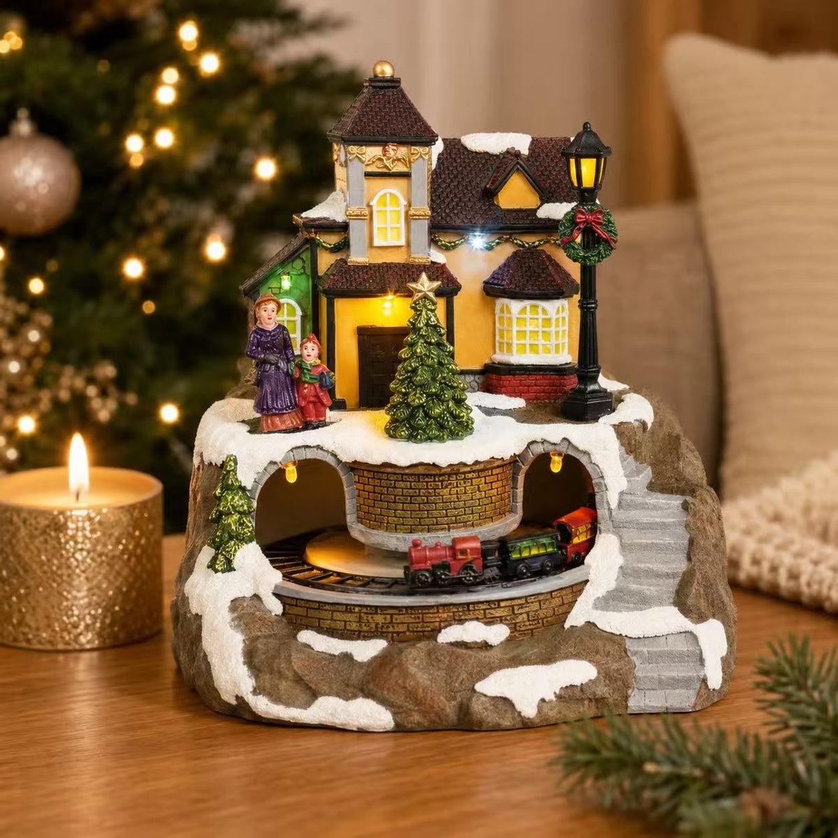 Light Up Musical Christmas Village Rotating Train Xmas Decoration Battery USB