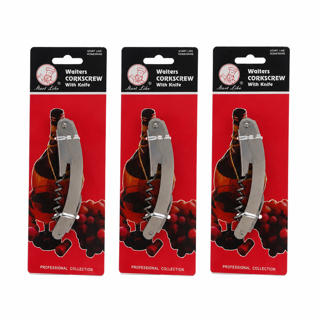 3 Pack Waiters Corkscrew Wine Bottle Opener with Knife Bar Tool