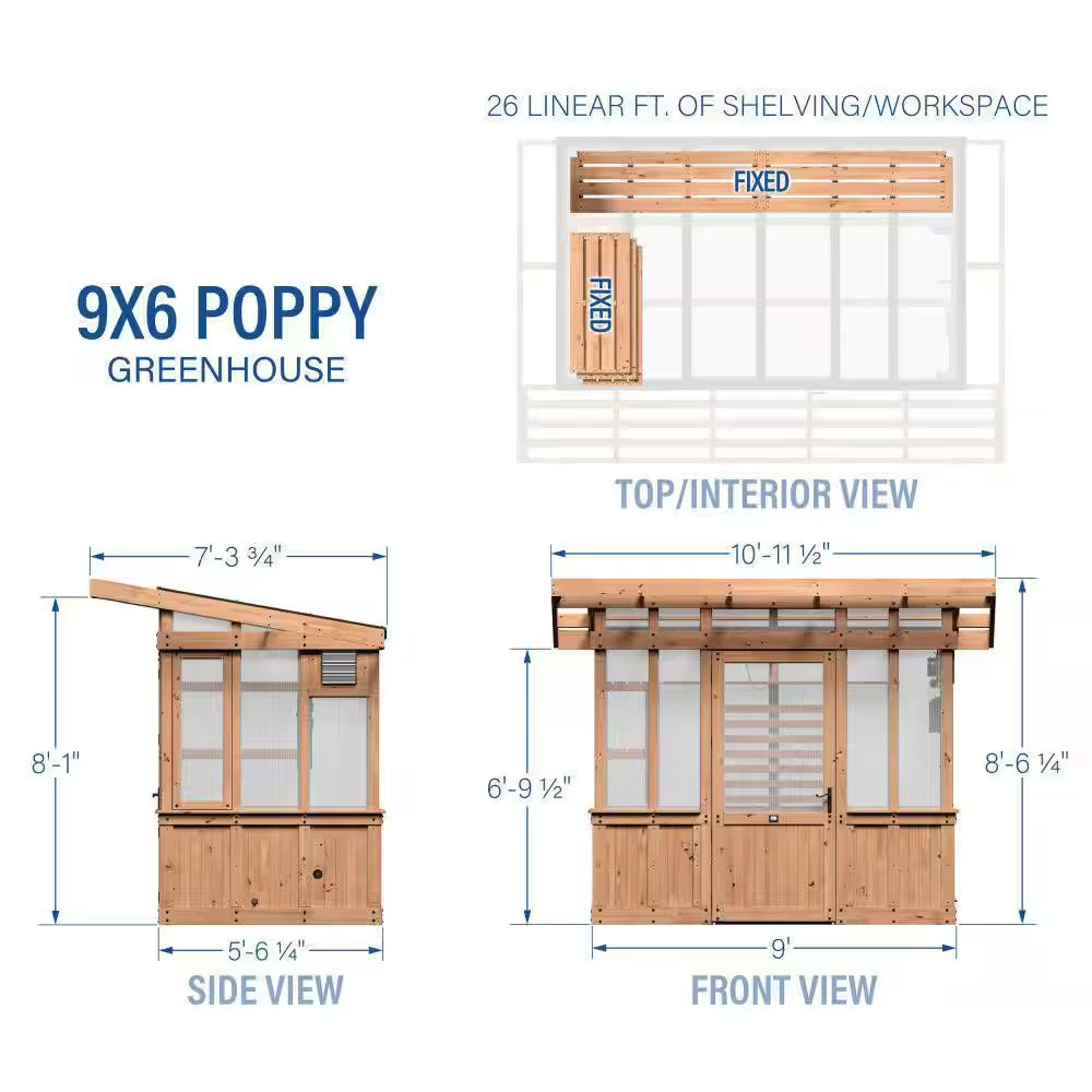 Poppy 9 x 6 ft Cedar Wood and Polycarbonate Walk-In Greenhouse Kit with PowerPort