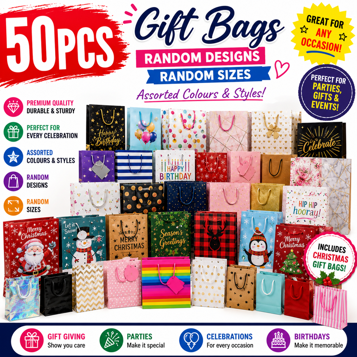 50PCS Mystery Pick Gift Bags Assorted Mixed Sizes & Designs Birthday Xmas Party Bag