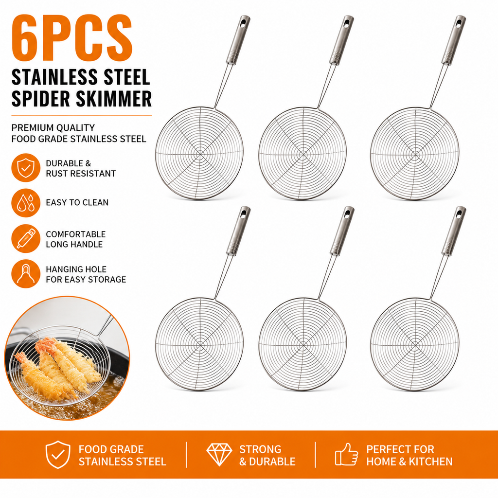 6PCS Stainless Steel Spider Skimmer Strainer Wire Mesh Scoop Frying Ladle Kitchen Tool