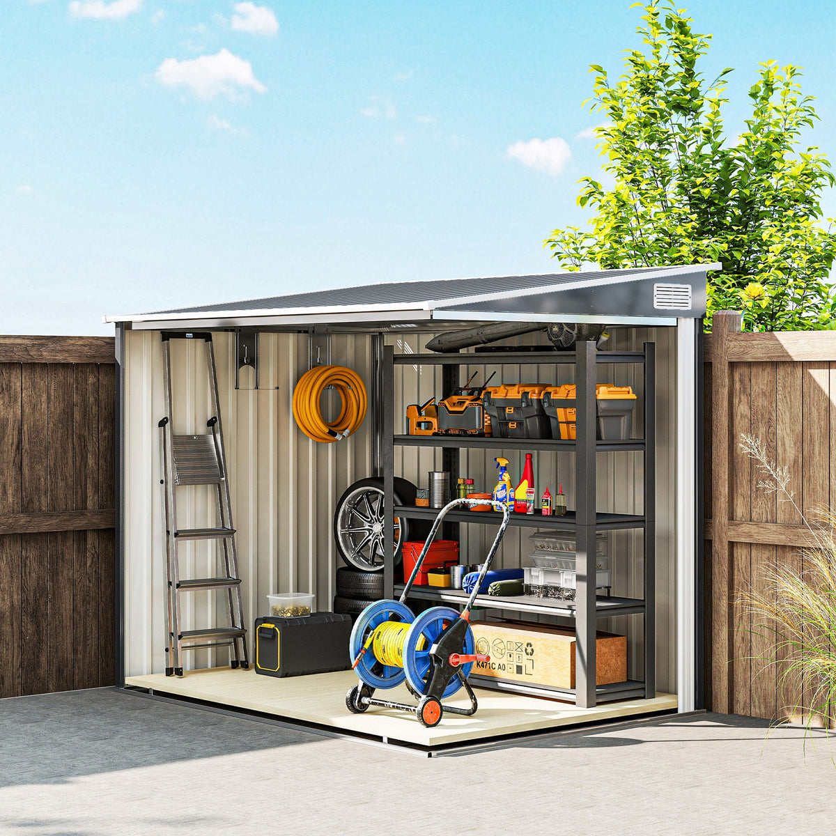 5' x 7' Lean-to Metal Shed with Sliding Door & Shelves, Dark Grey