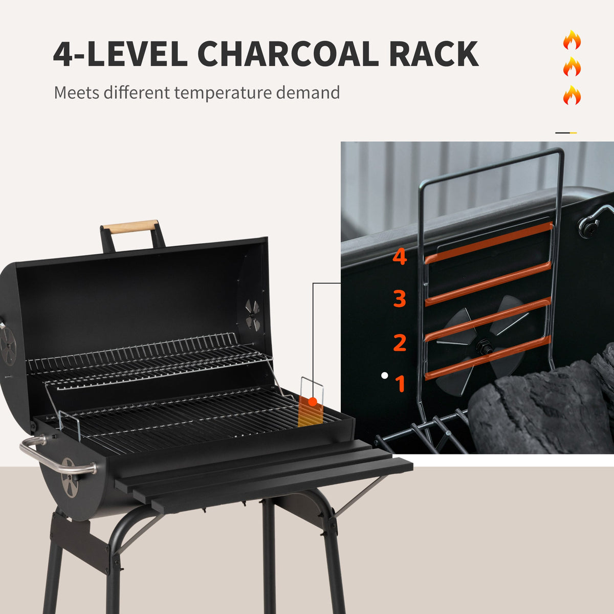 30" Portable Barrel Charcoal BBQ Grill with Storage Shelf for Garden Camping Picnic, Black