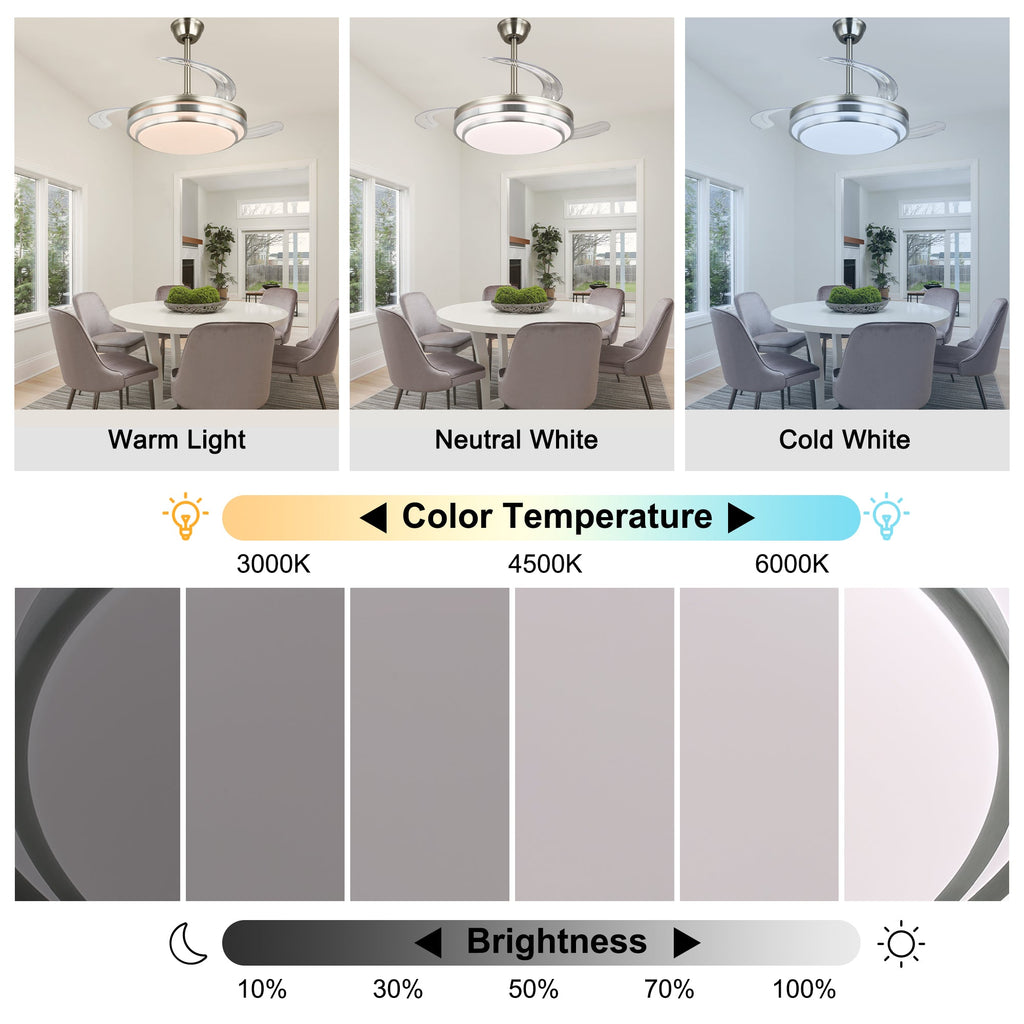 42 Inch Chrome Modern Retractable Ceiling Fan with Dimmable LED Light and Remote, 6 Speeds DC Motor Reversible Fandelier Ceiling Fan