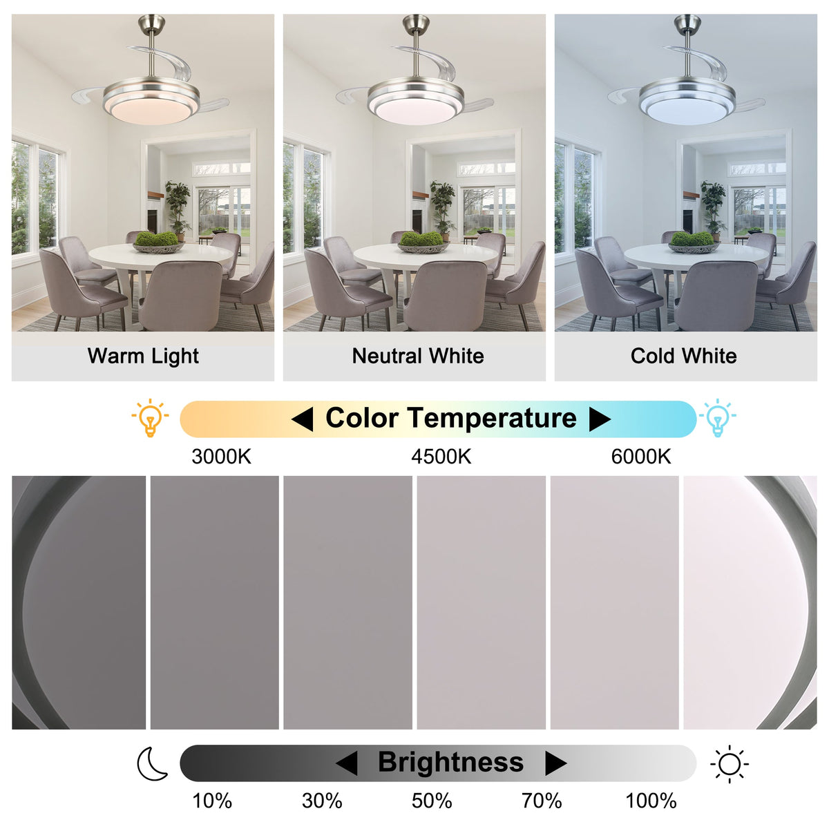 42 Inch Chrome Modern Retractable Ceiling Fan with Dimmable LED Light and Remote, 6 Speeds DC Motor Reversible Fandelier Ceiling Fan