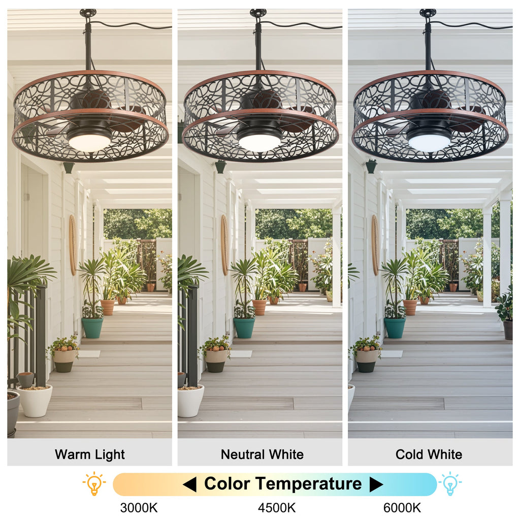 24 Inch Farmhouse Outdoor Waterproof Ceiling Fan with LED Light and Remote, 6 Speeds Black Plug In Caged Outdoor Fan Light