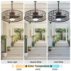 24 Inch Farmhouse Outdoor Waterproof Ceiling Fan with LED Light and Remote, 6 Speeds Black Plug In Caged Outdoor Fan Light