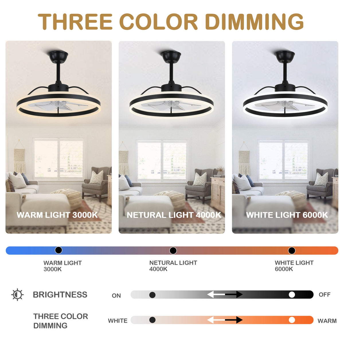 24 Inch Black/Gold/White/Coffee Modern Smart LED Ceiling Fan with Light and Remote, 6 Speeds DC Motor Fandelier Ceiling Fan