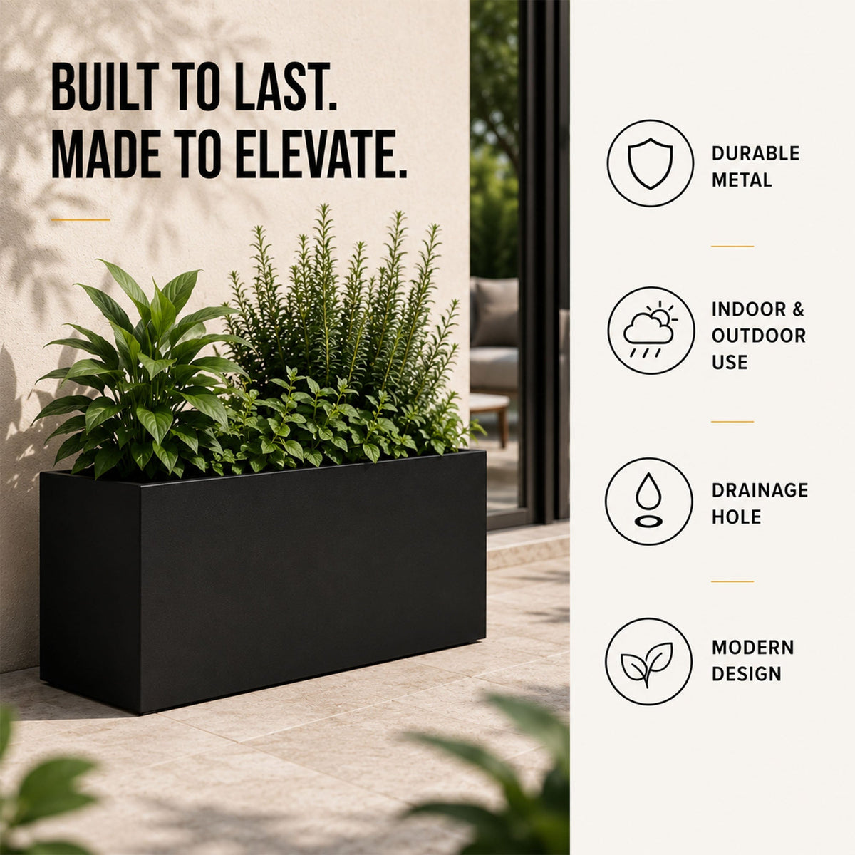 Galvanised Steel Black Trough Metal Planter - 80cm x 30cm x 40cm