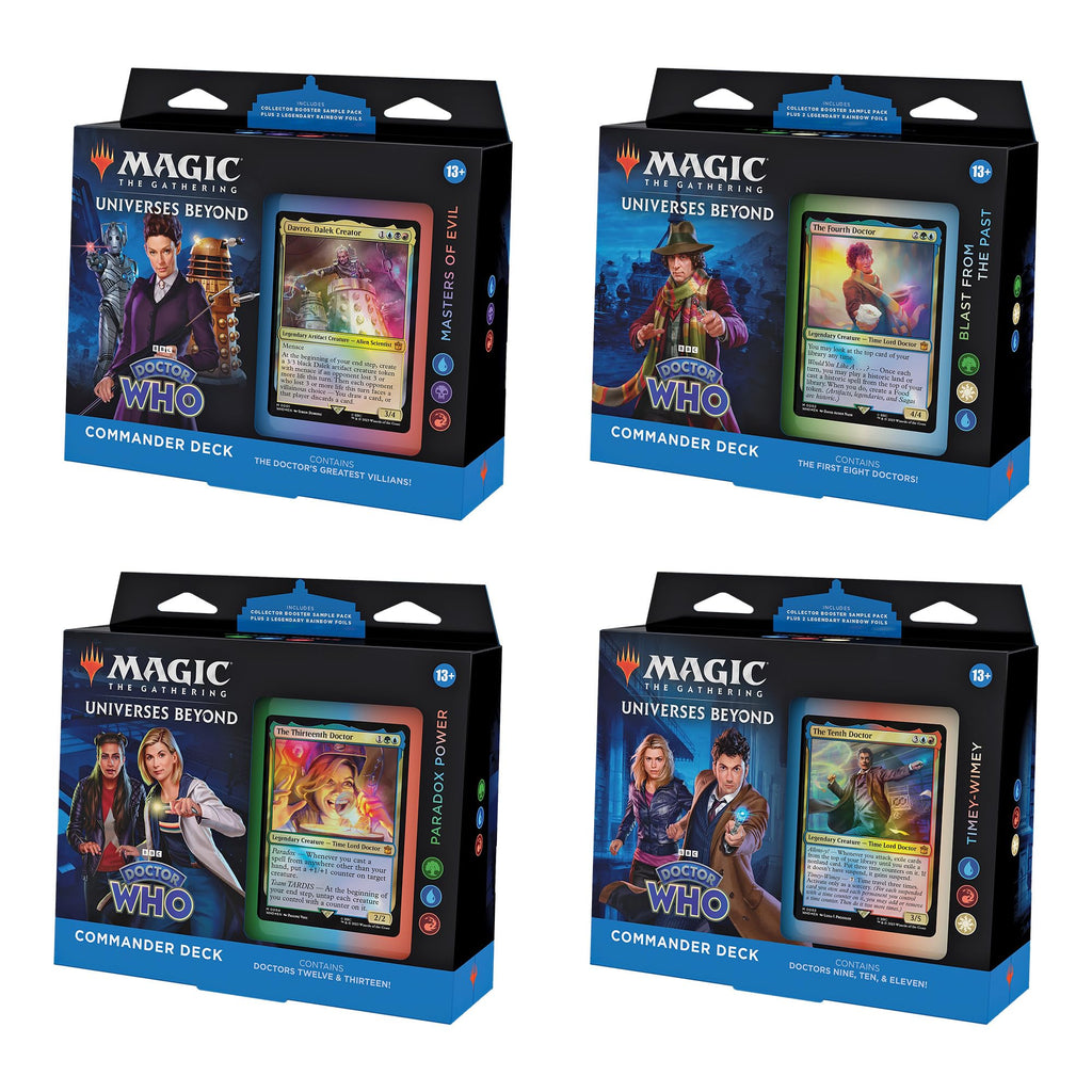 Magic: The Gathering Doctor Who Commander Deck Bundle – Includes All 4 Decks (1 Masters of Evil, 1 Blast from The Past, 1 Timey-Wimey, and 1 Paradox Power Deck Set)