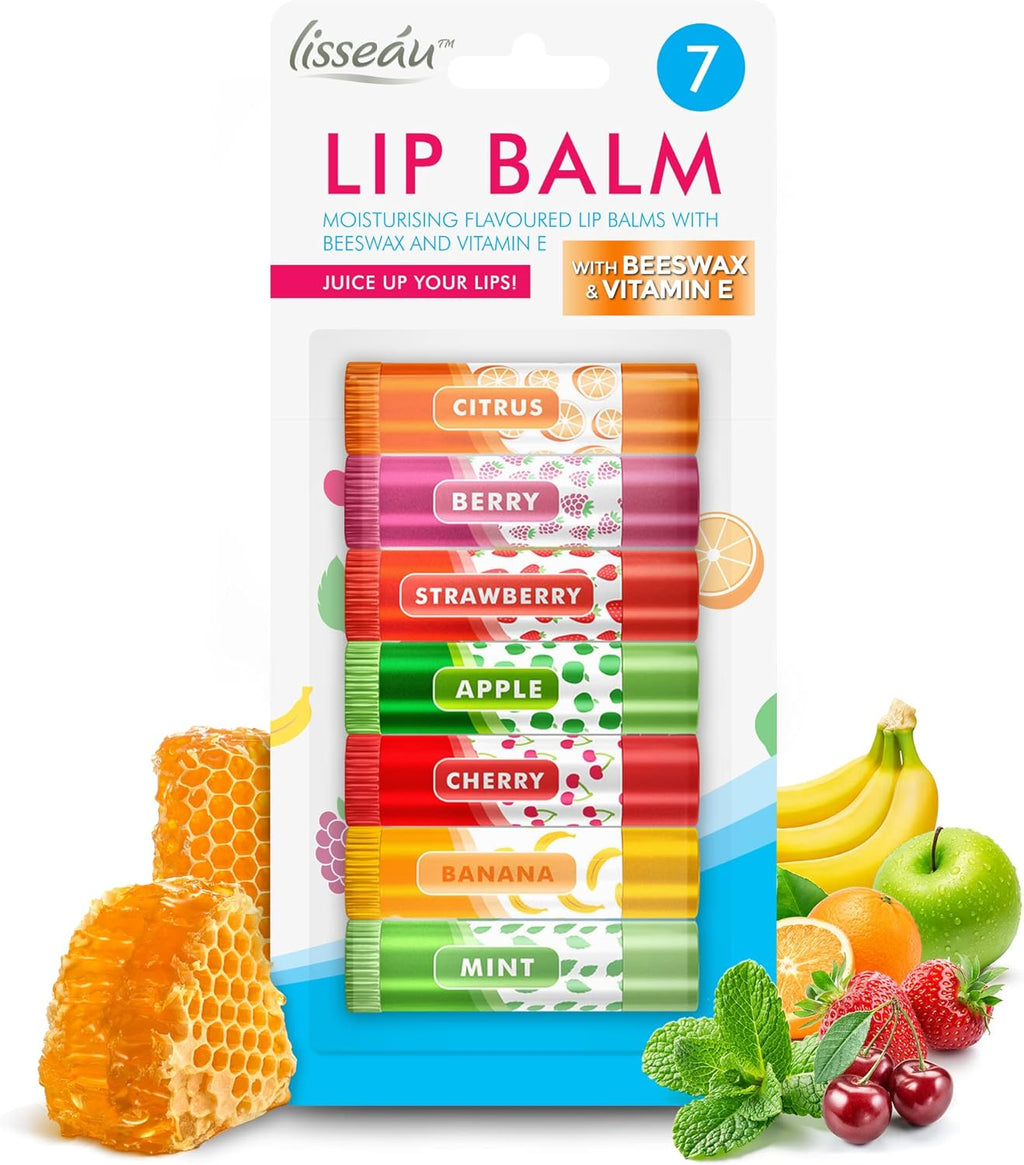 SOL 7pk Womens Lip Balm Set Flavoured Moisturiser for with Beeswax & Vitamin E - Fruit Lipbalm for Girls and Teens, Moisturising Balms Multipack Sticks for Dry and Chapped Lips for Daily Use & Gifting