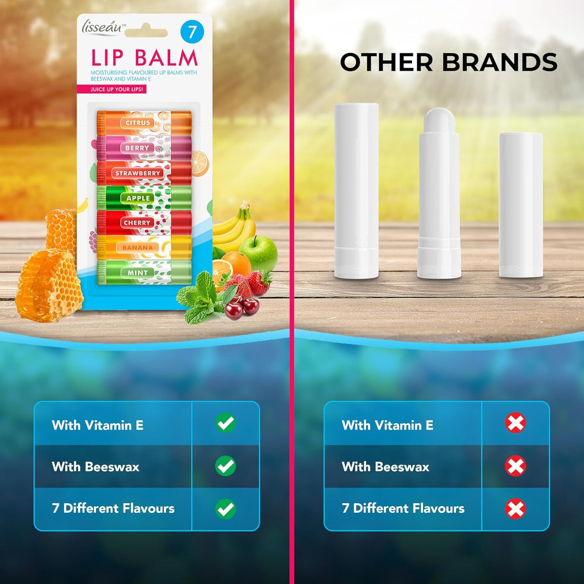 SOL 7pk Womens Lip Balm Set Flavoured Moisturiser for with Beeswax & Vitamin E - Fruit Lipbalm for Girls and Teens, Moisturising Balms Multipack Sticks for Dry and Chapped Lips for Daily Use & Gifting