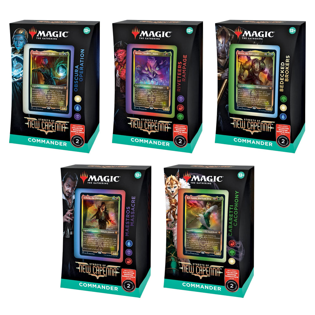 Magic: The Gathering Streets of New Capenna 5 Commander Deck Bundle – Includes 1 Obscura Operation, 1 Maestros Massacre, 1 Riveteers Rampage, 1 Cabaretti Cacophony, 1 Bedecked Brokers