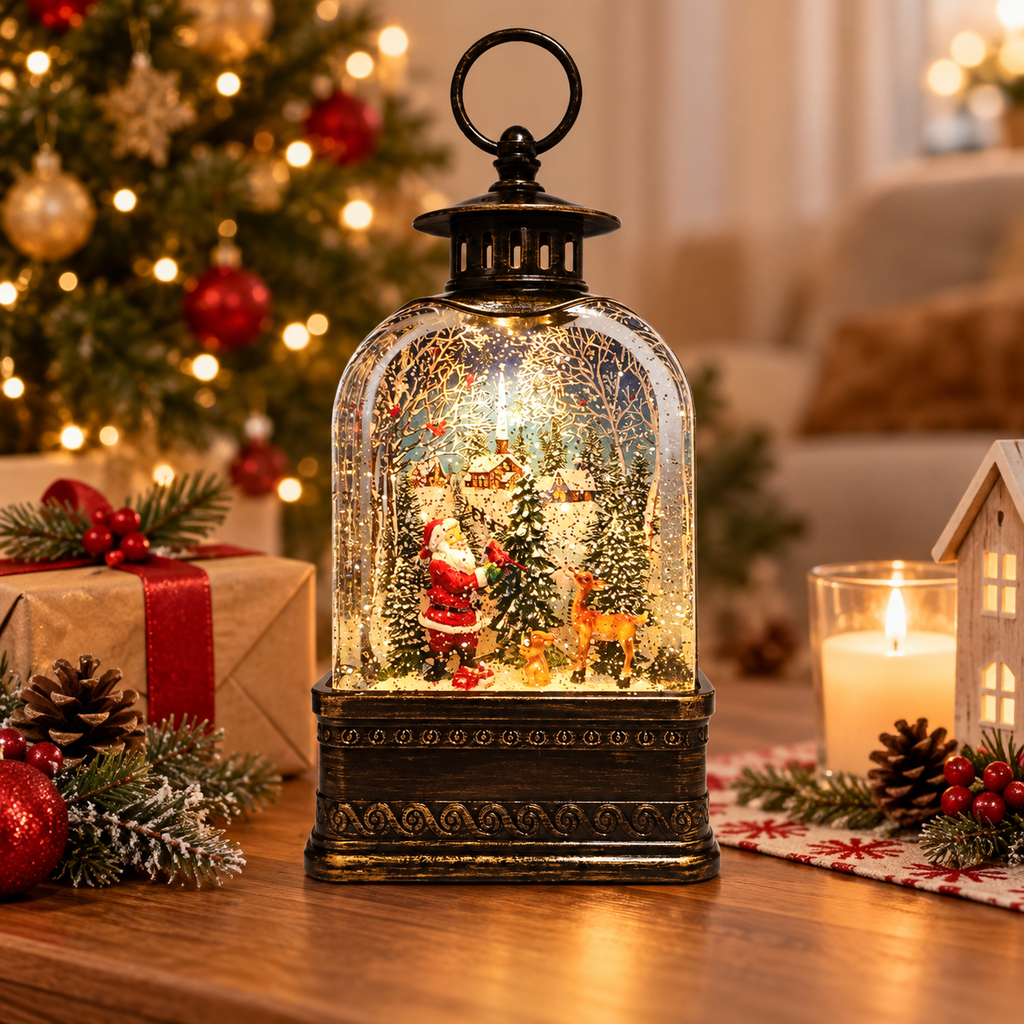 Christmas LED Snow Globe Lantern Santa Village Light Up Glitter Decoration 9.5”