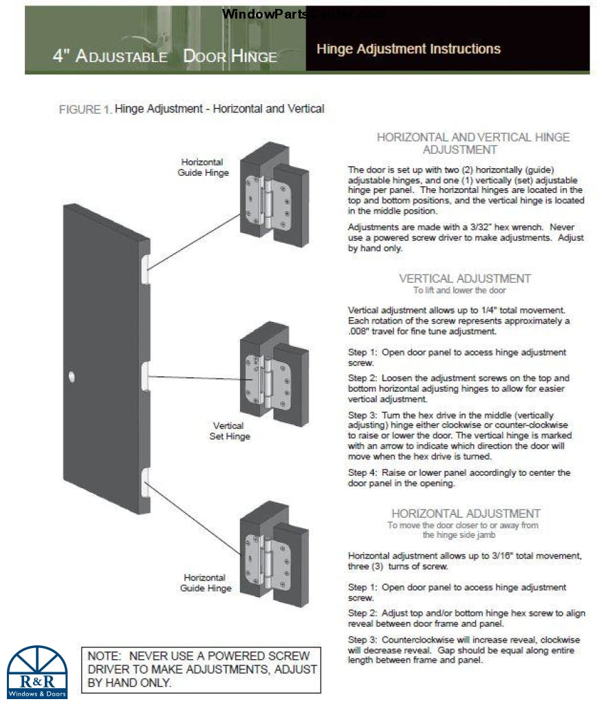835 - 4" x 4" Ashland Horizontal Guide Adjusting Swinging Patio Door Hinge PIVOT TRUE V400