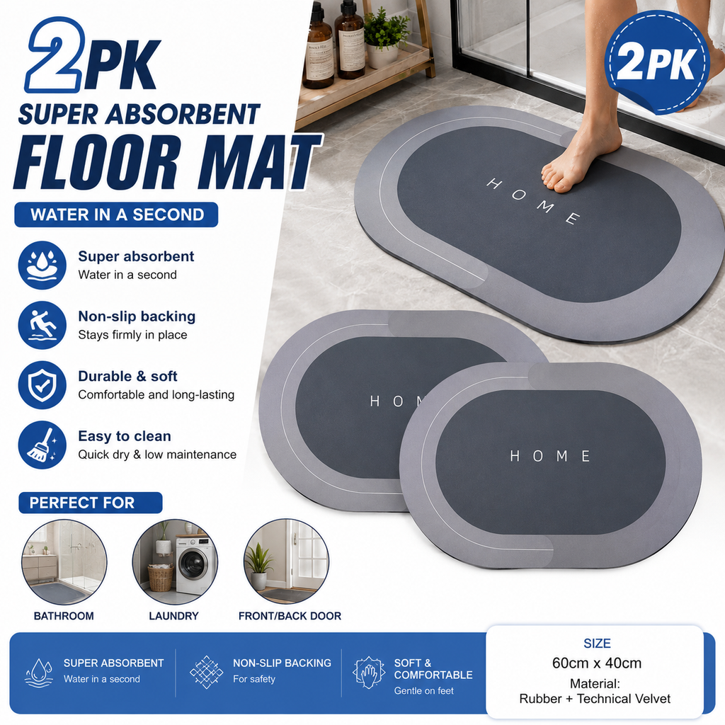 2PK Super Absorbent Bathroom Floor Mats – 60cm x 40cm