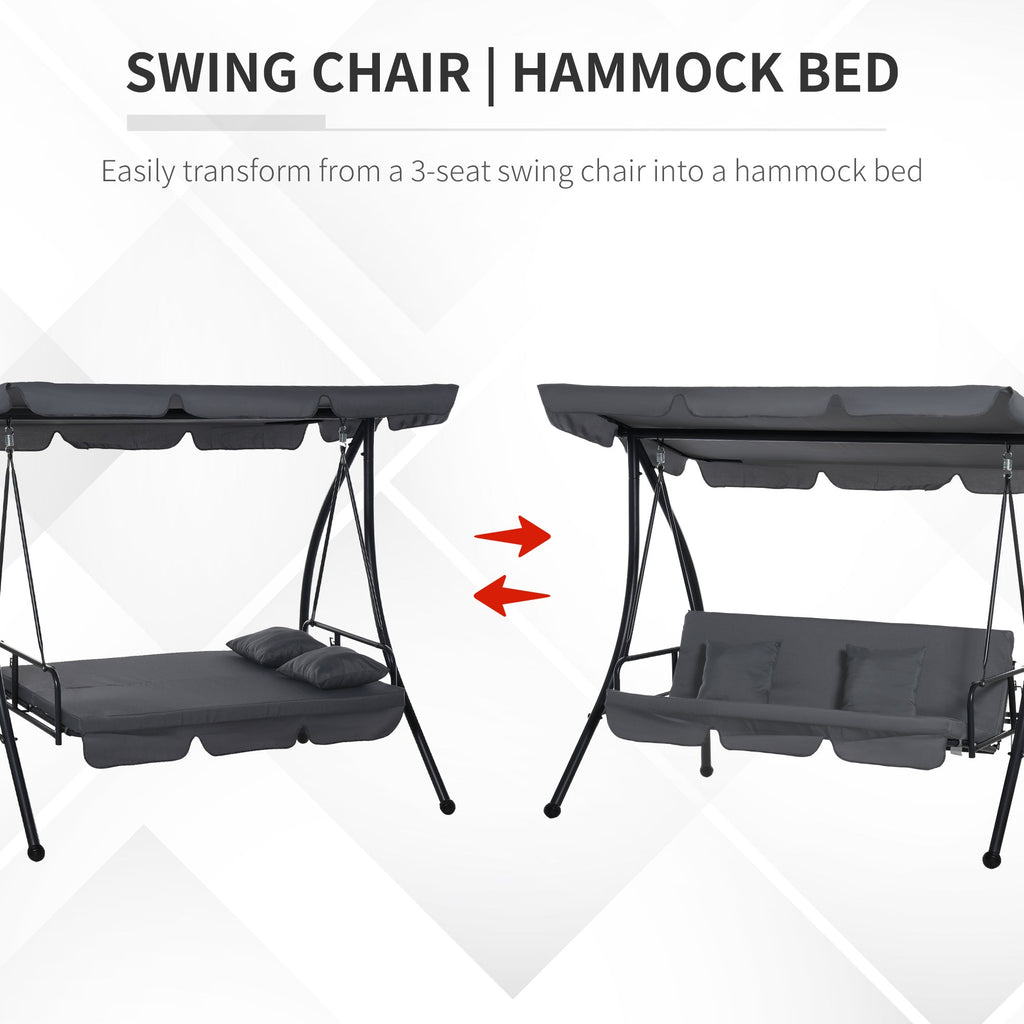 3 Person Convertible Hammock, Outdoor Swing Padded Lounge Bed with Tilt Canopy, Dark Grey