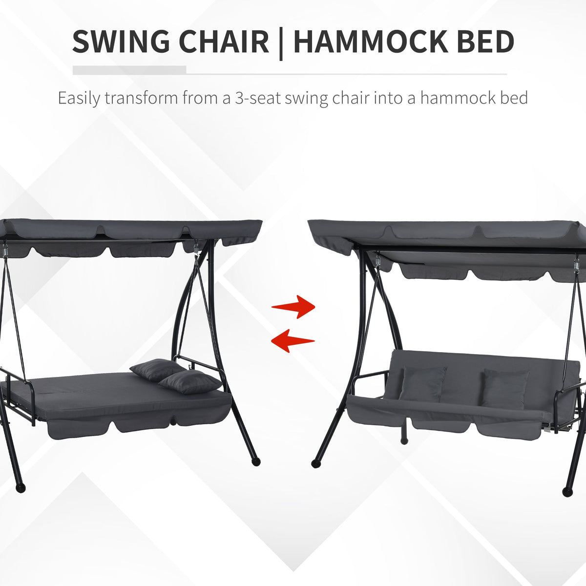 3 Person Convertible Hammock, Outdoor Swing Padded Lounge Bed with Tilt Canopy, Dark Grey