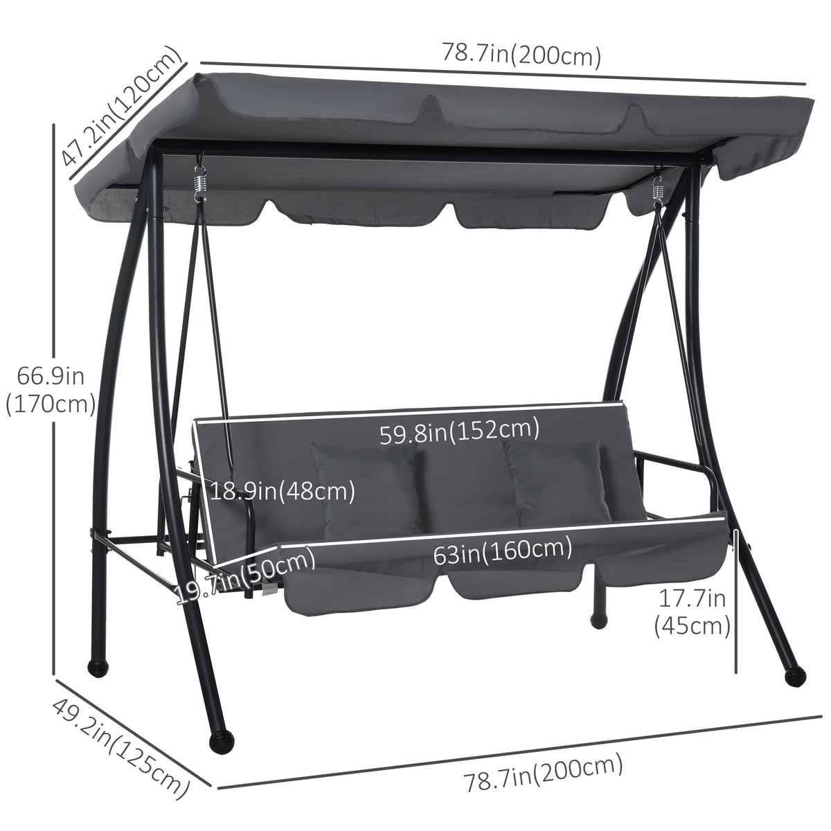3 Person Convertible Hammock, Outdoor Swing Padded Lounge Bed with Tilt Canopy, Dark Grey