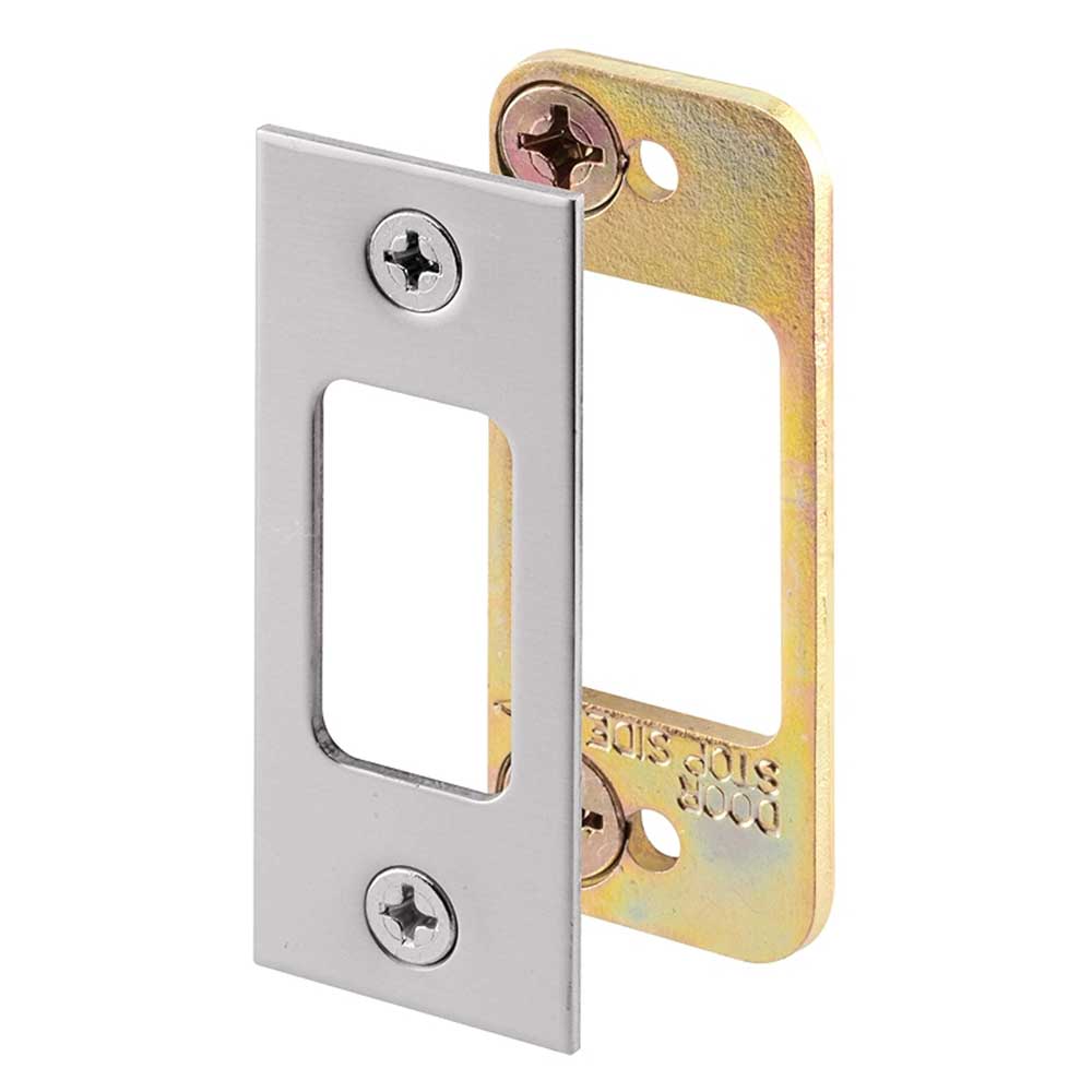 Metal door strike plate on a white background