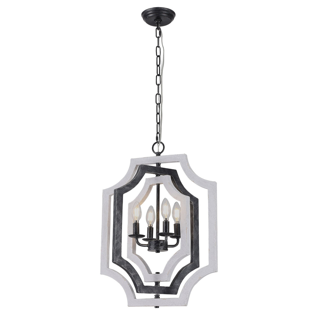 4 - Lights Distressed Wood Chandelier with Adjustable Chain, 16.9" Geometric Chandelier for Entryway with DIY Shade