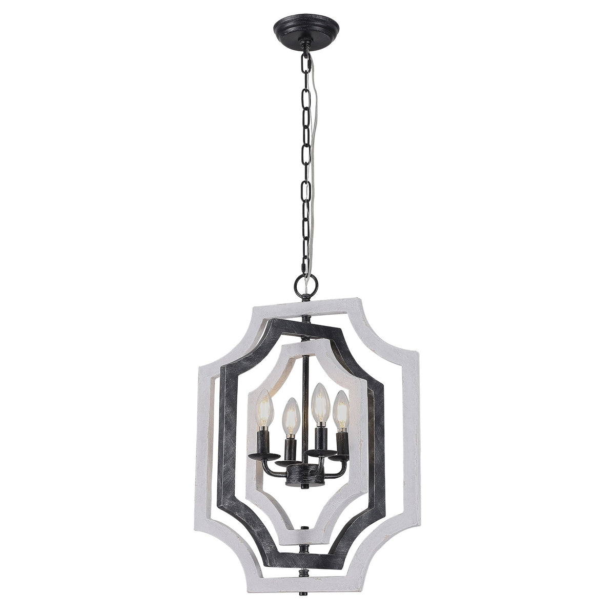 4 - Lights Distressed Wood Chandelier with Adjustable Chain, 16.9" Geometric Chandelier for Entryway with DIY Shade
